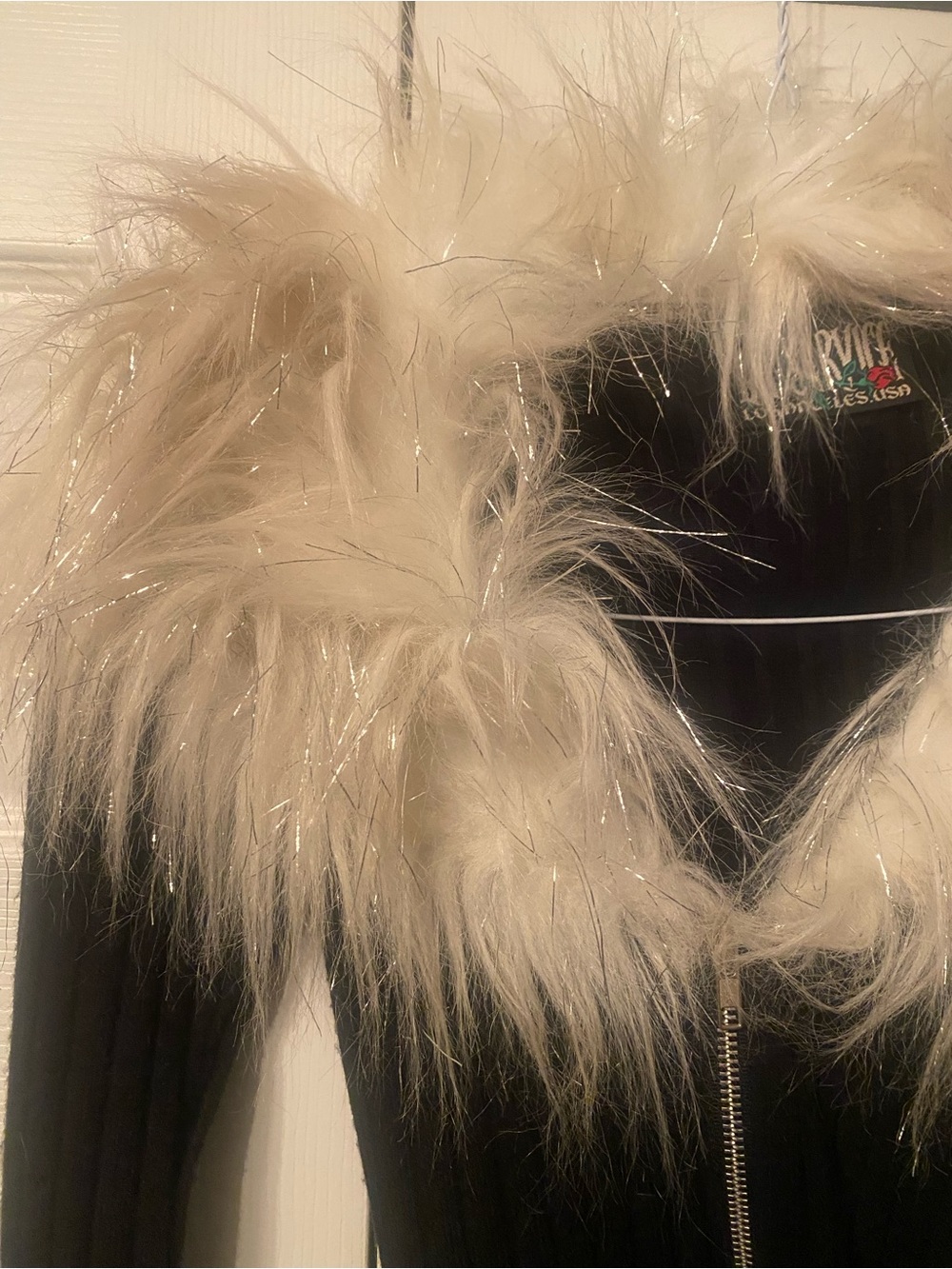 Vintage Y2K Lip Service Black Ribbed Zip Cardigan with with lurex Faux Fur Trim - Picture 2 of 7